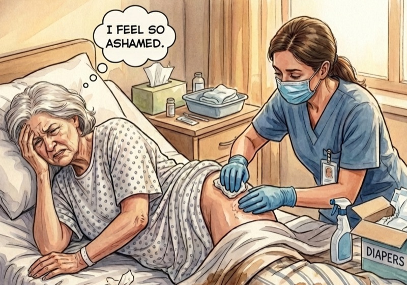 Condition 19: Incontinence - elderly patient ashamed while nurse changes diaper